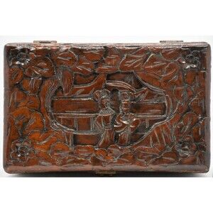 Classic Carved Asian Wooden Box with Red Felt Lining